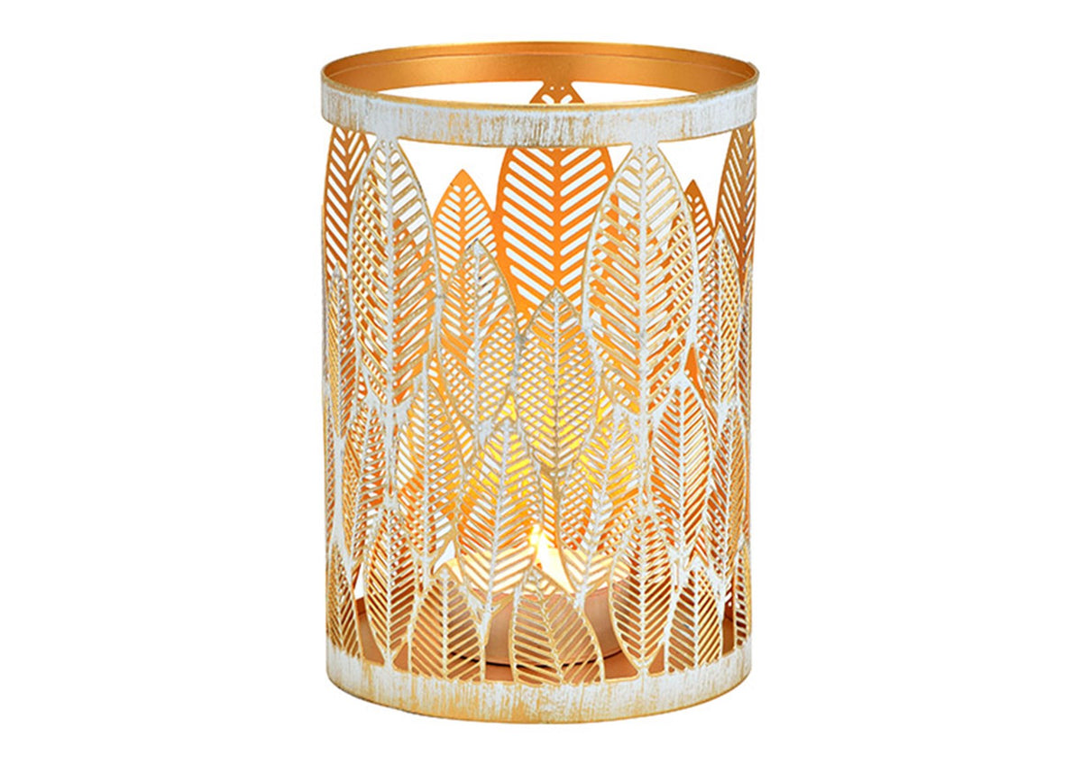 Windlicht Blatt Dekor aus Metall Weiss, gold, 13x18x13cm in Weiss/Gold präsentiert im Onlineshop von KAQTU Design AG. Teelichthalter ist von Maison Truffe